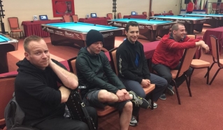 Matej Brajkovič, Miha Šinkovec, Matej Šulek in Matjaž Demšar med navijanjem.